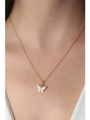 Tp Buğz Gold Beyaz Renk Kelebek Figür Kadın Kolye