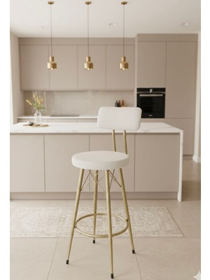 The Sandalye Shop Yeni Teddy Kumaş Mila Bar Sandalyesi Mat(Eskitme) Gold Kırık Beyaz.75 cm Oturum Yüksekliği