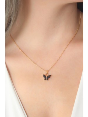 Tp Buğz Gold Siyah Renk Kelebek Figür Kadın Kolye