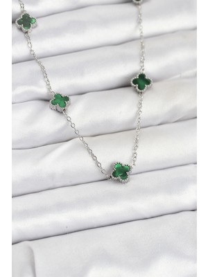 Tp Buğz 316L Çelik Zincir Gümüş Renk Yeşil Baby Boy Yonca Kadın Kolye