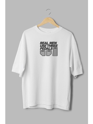 Overoz Otomobil Pedal Three Pedals Baskılı Yarı Oversize Beyaz T-Shirt 1175