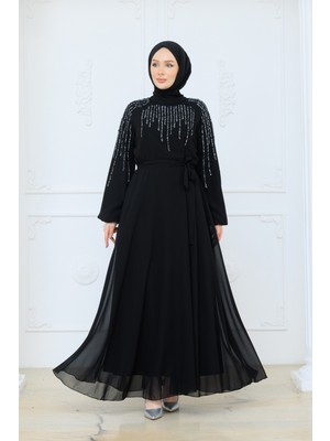 Pamuk Butik Kadın Astarlı Taşlı Kuşaklı Şifon Elbise -PMK525