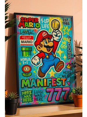 Satürn Design Super Mario Çerçeveli Tablo Manifest 777 Gamer Arkadaşa Hediye Street Art
