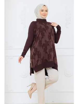 Pamuk Butik Kadın Yandan Fermuarlı Fırça Desenli Ipek Kupra Tunik -PMK518