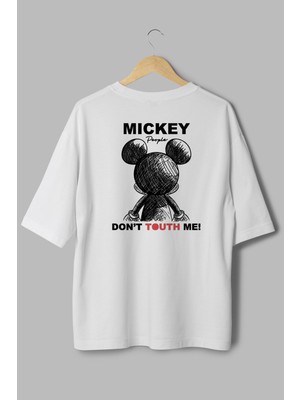 Overoz Mickey Mouse Sırt Baskılı Yarı Oversize Beyaz T-Shirt 1178