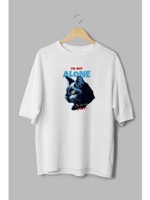 Overoz I'm Not Alone Kedi Baskılı Yarı Oversize Beyaz  T-Shirt 1022