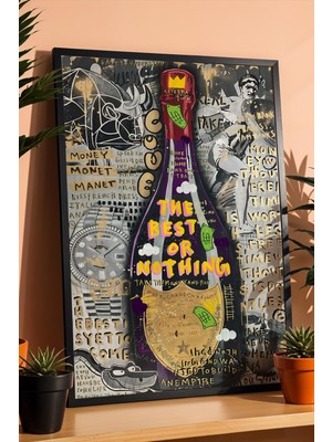 Satürn Design The Best Or Nothing Çerçeveli Tablo Dom Pérignon Şişesi Bar Içki Köşesi Dekoru Street Art