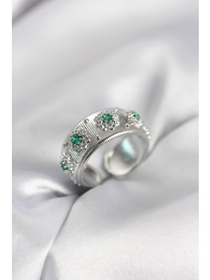 Yeşil Zirkon Taşlı Gümüş Renk Vintage Kadın Yüzük - Lisinya
