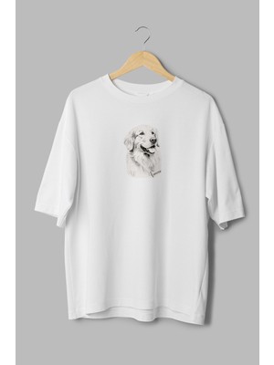 Overoz Golden Retriever Köpek Baskılı Yarı Oversize Beyaz T-Shirt 1189
