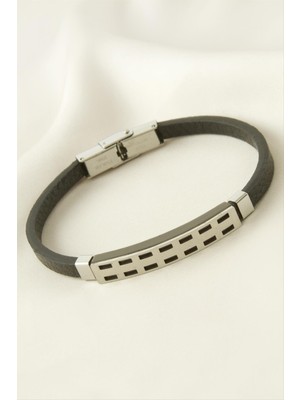 Bijuteri Net Dikdörtgen Deri Çelik Bileklik