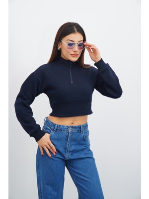 Kadın Lacivert Fermuarlı Crop Sweatshirt