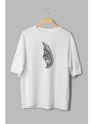 Overoz Melek Kanadı Araba Motoru Baskılı Yarı Oversize Beyaz T-Shirt 1177