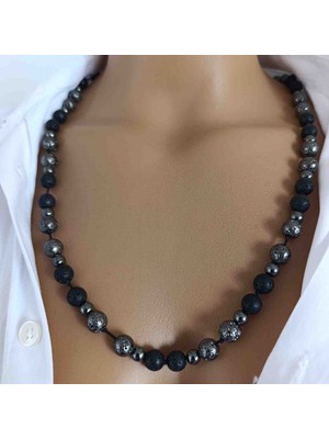 Mga Doğaltaş Lav Taşı Hematit Kolye 8 mm – Sertifikalı Doğal Taş – 45-55 cm – Ipli/misinalı – Hediye Kutulu