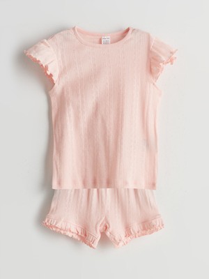 LC Waikiki Kız Bebek Şortlu Pijama Takımı Pembe Bisiklet Yaka Düz Desenli İnce Kumaş