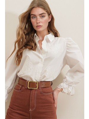 Bacc Beyaz Prenses Kol Güpür Nakışlı Dokuma Gömlek BCHESQ-251125