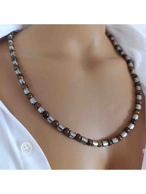 Mga Doğaltaş Hakiki Hematit & Kaplan Gözü Doğal Taş Kolye – Modern Silindir Tasarım