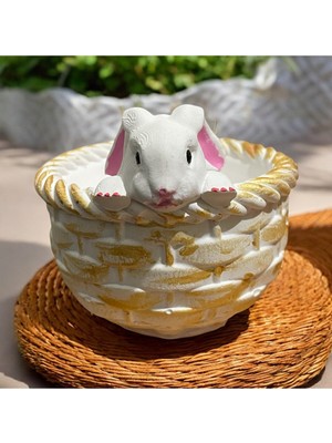 Hasır Sepetli Tavşan Figürlü Gold Eskitme El Yapımı Taş Tozu Saksı - Mumluk