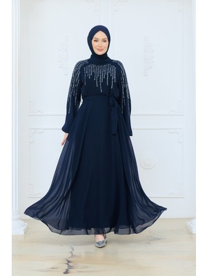 Pamuk Butik Kadın Astarlı Taşlı Kuşaklı Şifon Elbise -PMK525