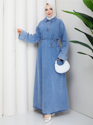 Pamuk Butik Kadın Reglan Kol Salaş Rahat Kesim Yandan Cepli Kot Elbise -PMK523