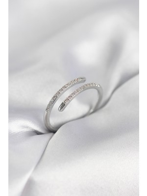 Gümüş Renk Yılan Kuyruk Model Zirkon Taşlı Kadın Yüzük - Lisinya