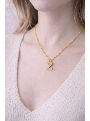 Dasemura 316L Çelik Gold Renk Zirkon Taşlı Harf Kolye - Kişiye Özel Isim Baş Harfli Zincir - Z Harfi