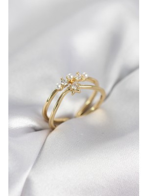 Solenya Gold Renk Incili Yıldız Model Zirkon Taşlı Kadın Yüzük