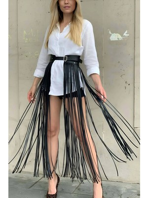 Giyim Yüksek Bel Şık Deri Püsküllü Seksi Etek - BRF1003