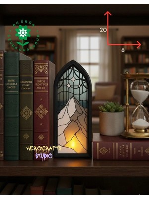 Heroicrafts Studio Dağ Tasarımlı Işıklı Kitap Tutucu - Pla Fantasy Book Nook, Vitray Tarzı, LED Mum Işıklı Dekor