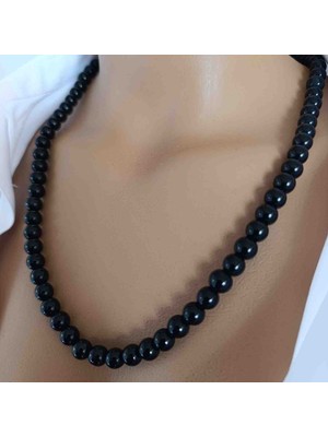 Mga Doğaltaş Siyah Oniks Taşı Kolye 8 mm – Sertifikalı Doğal Taş – 45-55 cm – Hediye Kutulu