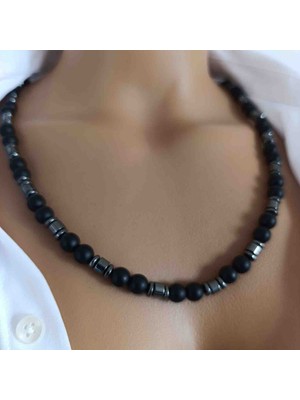 Mga Doğaltaş Oniks Taşı 8 mm & Hematit 6 mm Kolye – Sertifikalı Doğal Taş – Erkek – 45-55 cm