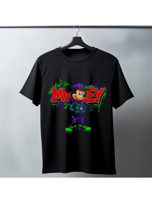 Velmora Fashion Mickey Mouse Graffiti Baskılı Unisex Siyah Oversize Tişört - 24/1 Penye