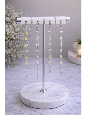 Dasemura Silver Renk Metal Zincirli Sarı-Beyaz Mineli Kır Çiçeği Papatya Detaylı Kadın Bileklik