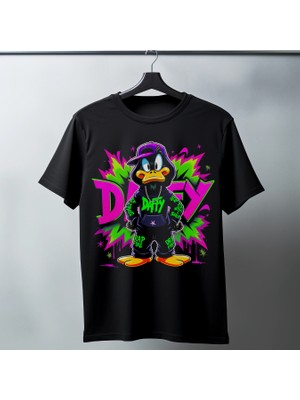 Velmora Fashion Daffy Duck Graffiti Baskılı Unisex Siyah Tişört - 24/1 Penye Pamuklu