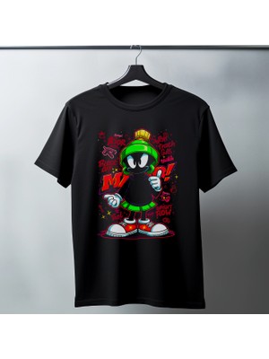 Velmora Fashion Marvin The Martian Graffiti Baskılı Unisex Siyah Tişört - 24/1 Penye Pamuklu