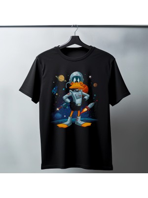 Velmora Fashion Duck Dodgers Uzay Baskılı Unisex Siyah Oversize Tişört - 24/1 Penye