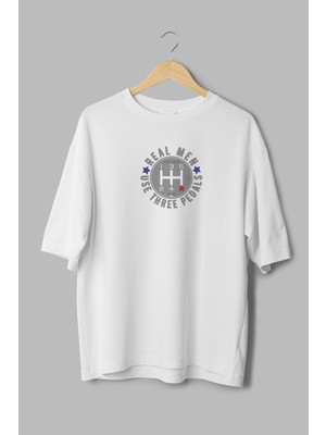 Overoz Three Pedals Araba Vitesi Baskılı Yarı Oversize Beyaz T-Shirt 1174