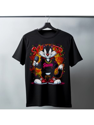 Velmora Fashion Sylvester Graffiti Baskılı Unisex Siyah Oversize Tişört - 24/1 Penye