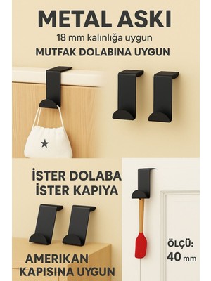 Normadia 4'lü Siyah Amerikan Kapı Arkası Askılık Seti, Metal Organizer