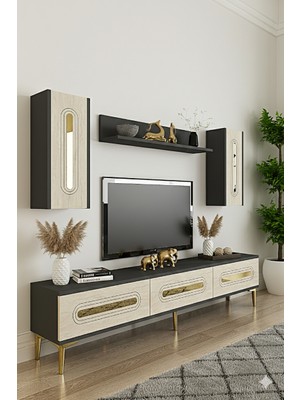 Yumedi Design TVR1804ATG - Ethema Tv Ünitesi Takımı 180CM Antrasit-Traverten-Gold