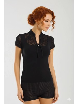 Giyim Berrak Dantelli Yarım Kollu Kadın Bluz Elestan
