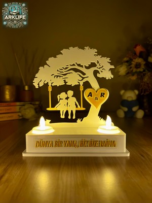 ARKlife 3D Electronic Kişiye Özel Sevgililer Doğum Günü Ev Hediye LED Mumlu Masa Lambası Ağaç Altında Çift Silüet Sevgili
