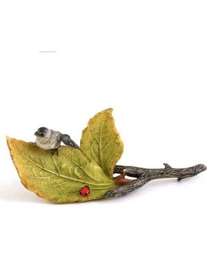 Astera Yapraklarda Küçük Kuş ve Uğur Böceği, Mini, Reçine, 12 cm