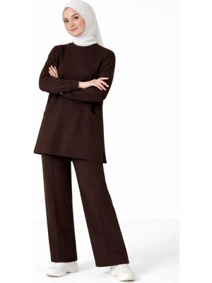Indispensablely Osy Modal Yumuşak Dokulu Kumaş Tesettür Cepli̇ Tuni̇k Pantolon Takim - Kahverengi̇