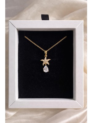 Altın Kaplama Zirkon Taşlı Yıldız Kolye Kadın Damla Taşlı Şık Hediye Kolye Özel Kutulu