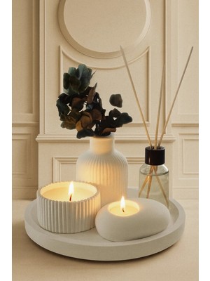 Dekoratif Tepsi, Kase Mumluk, Tealight Mumluk, Çizgili Vazo, Oda Kokusu (Bitkiler Dahil Değildir)