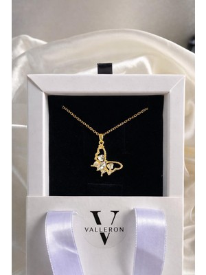 Altın Kaplama Zirkon Taşlı Kelebek Kolye Kadın Kalp Detaylı Şık Hediye Kolye Özel Kutulu