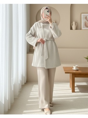 Modamorfo Içi Astarlı Tek Düğmeli Kemerli Sakallı Kap -Krem