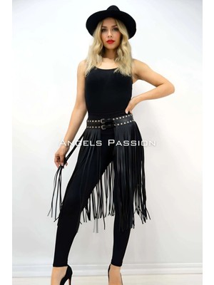 Giyim 5 mm Püsküllü Şık Deri Etek, Diz Altı Püsküllü Etek - BRF1398