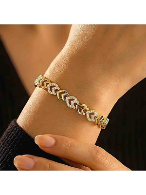 Bontexs Kadın Sevgililer Günü ve Yıl Dönümü Hediyesi Zarif Taşlı Altın Renk 316L Çelik Bileklik