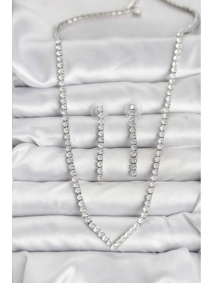 Aksiyon Global Gümüş Renk Zirkon Taşlı Kadın Kolye Küpe Seti - Lisinya